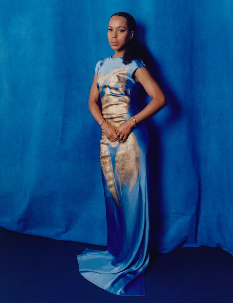 Washington wears a Schiaparelli dress and shoes; State Property bracelets.