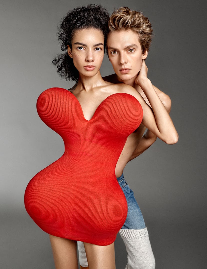 Elise Kouzou and Leon Dame wear Duran Lantink clothing throughout.