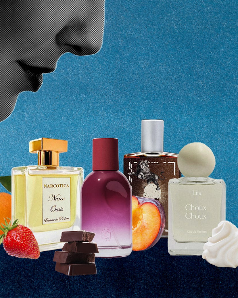A collage of a woman sniffing gourmand perfumes. The perfumes are sitting amongst strawberries, choc...