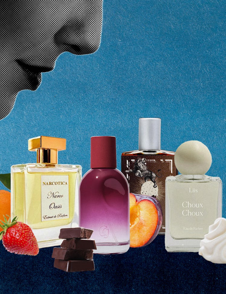 A collage of a woman sniffing gourmand perfumes. The perfumes are sitting amongst strawberries, choc...