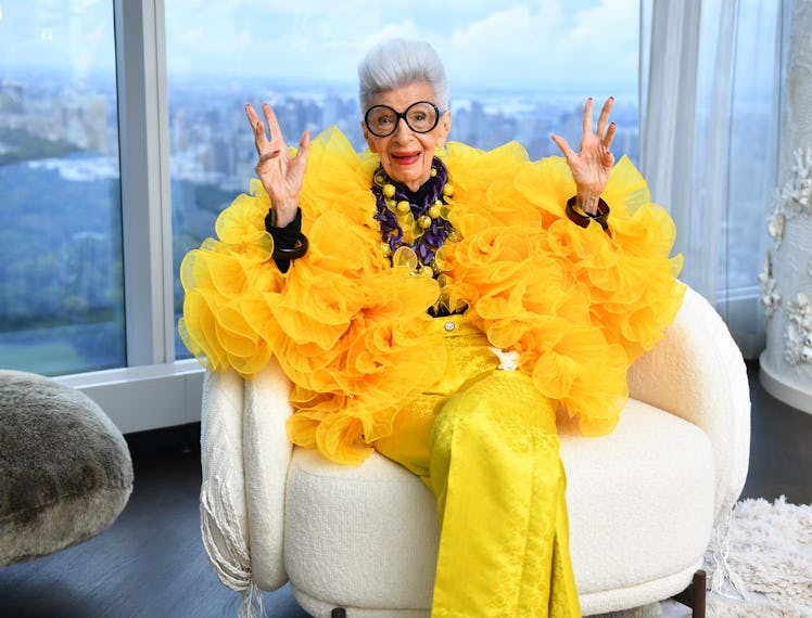 NEW YORK, NEW YORK - SEPTEMBER 09: Iris Apfel sits for a portrait during her 100th Birthday Party at...