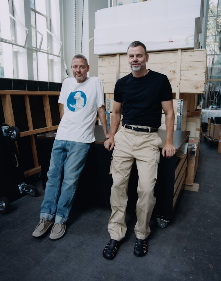 Michael Elmgreen (left) and Ingar Dragset, in their Berlin studio. Elmgreen wears a Loewe T-shirt, j...